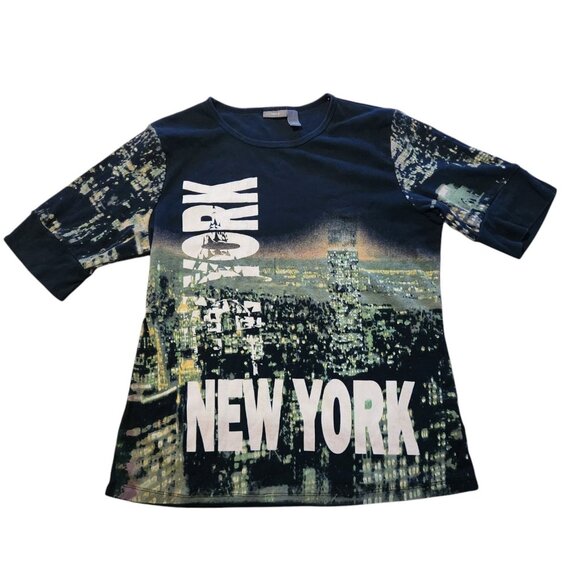 Apt. 9 New York T-Shirt NYC Skyline All Over Print Bling Rhinestone Womens Large - Picture 1 of 11